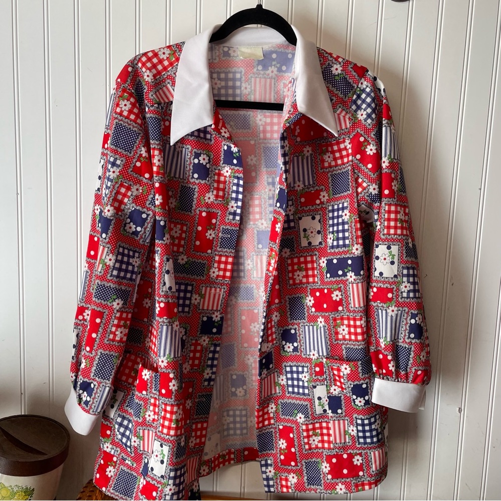 Vintage 70’s Patchwork Polyester Button Down Blou… - image 1